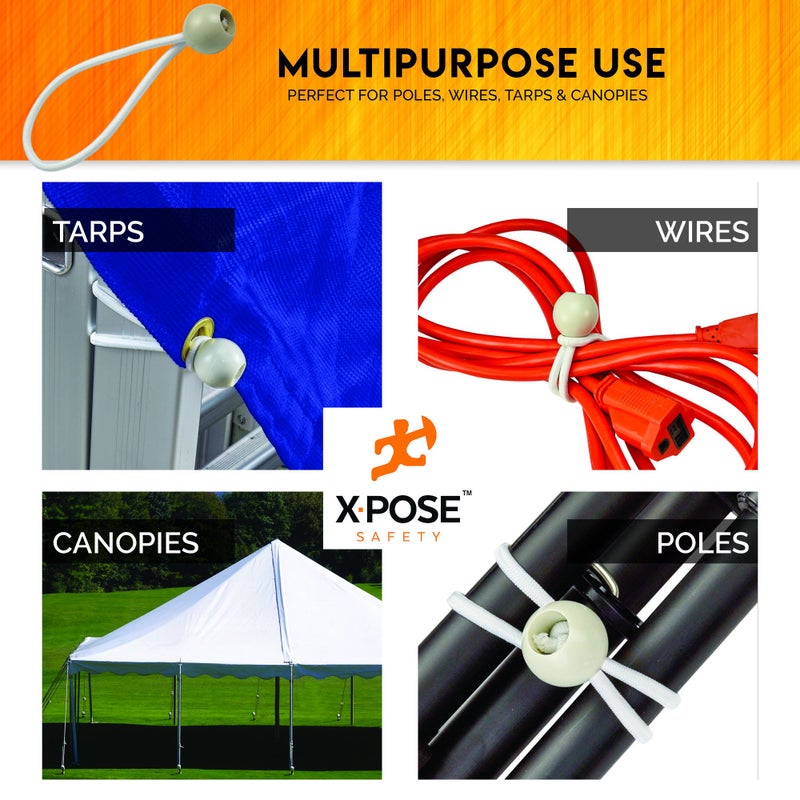 Xpose Safety Bungee Ball Cords 6" 100 Pack Heavy Duty White Stretch Rope with Ball Ties for Canopies, Tarps, Walls, Cable Organization - Image 3